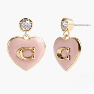 NWT Coach Signature Enamel Pink Heart and Cubic Zirconia Gold Tone Drop Earrings